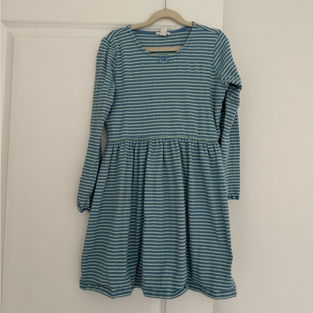 Crewcuts girls crinkle cotton blend striped long sleeve dress size 9 10 years
